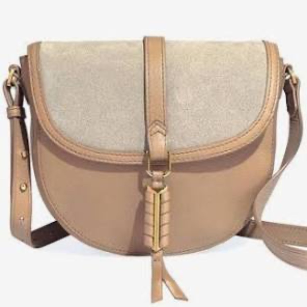 STELLA & DOT COVET COLLECTION- SLOANE SADDLE LEATHER AND SUEDE PURSE IN MUSHROOM